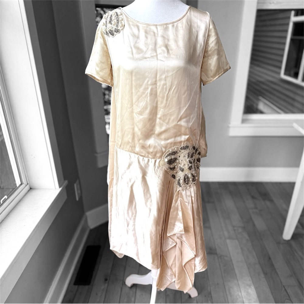 Antique 20s 30s Ivory Silk Bugle Bead Pearl Beaded Flapper Drop Waist Dress XS S